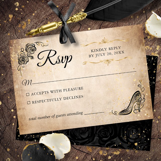 Cartons Réponse Black and Gold Princess Mariage élégant (Create your own elegant black and gold RSVP card on an easy DIY template for your fairy tale event.)