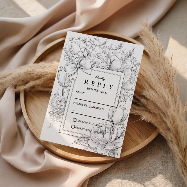 Cartons Réponse Black and White Floral Bow Wedding (Créateur téléchargé)