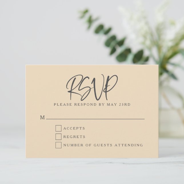 Cartons Réponse Black Beige Modern Script Lettering Wedding (Debout devant)