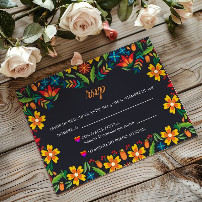 Cartons Réponse Black Floral Colorful Botanical Spanish Wedding (Black Floral Colorful Botanical Spanish Wedding RSVP Card)