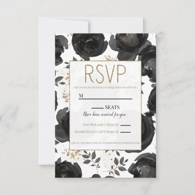 Cartons Réponse Black Gold Floral Glam Feuille Mariage (Devant)