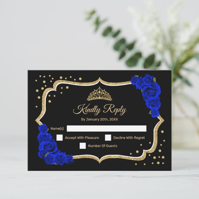 Cartons Réponse Black Gold Royal Blue Quinceanera (Debout devant)