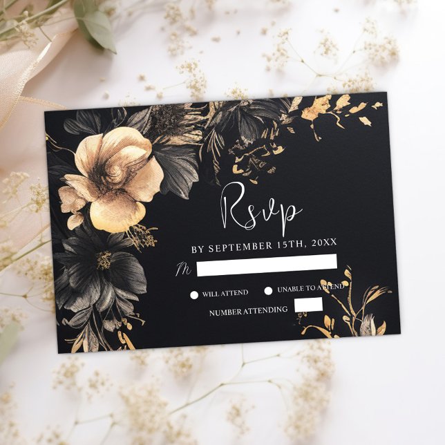Cartons Réponse Black gothique Floral Moody Dark Mariage (Black Gothic Floral Moody Dark Wedding RSVP Card)