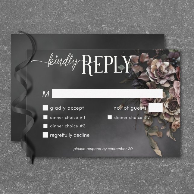 Cartons Réponse Black Moody Gothic Flowers & Dîner Mist (Black Moody Gothic Flowers & Mist Dinner RSVP Card)