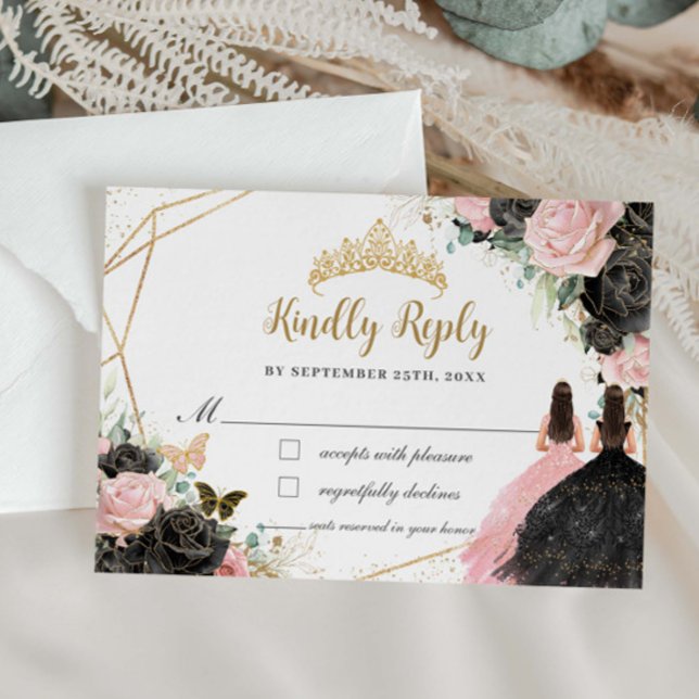 Cartons Réponse Black Pink Floral Princess Twins Quinceañera Répon (Créateur téléchargé)