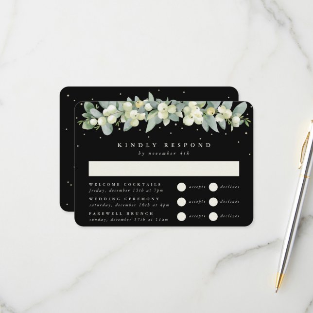 Cartons Réponse Black Snowberry+Eucalyptus Mariage Multi-événement (Devant/Arrière en situation)