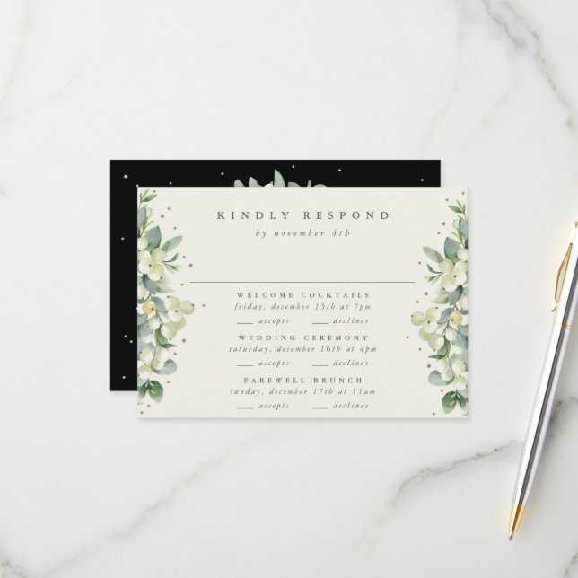 Cartons Réponse Black Snowberry+Eucalyptus Mariage Multi-événement (Devant/Arrière en situation)