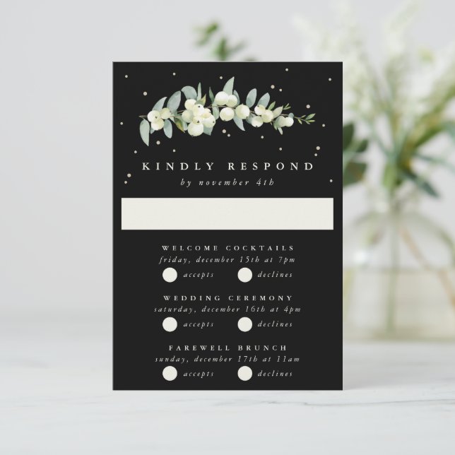 Cartons Réponse Black Snowberry+Eucalyptus Mariage Multi-événement (Debout devant)