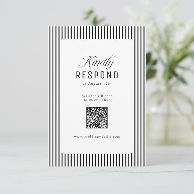 Cartons Réponse Black Striped Elegance Classy QR Code Wedding (Debout devant)
