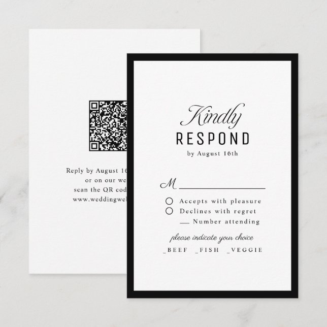 Cartons Réponse Black White Classy Script Elegant QR code Wedding (Devant / Derrière)