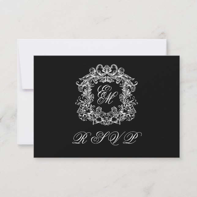 Cartons Réponse Black White Monogram Crest Elegant Wedding (Devant)