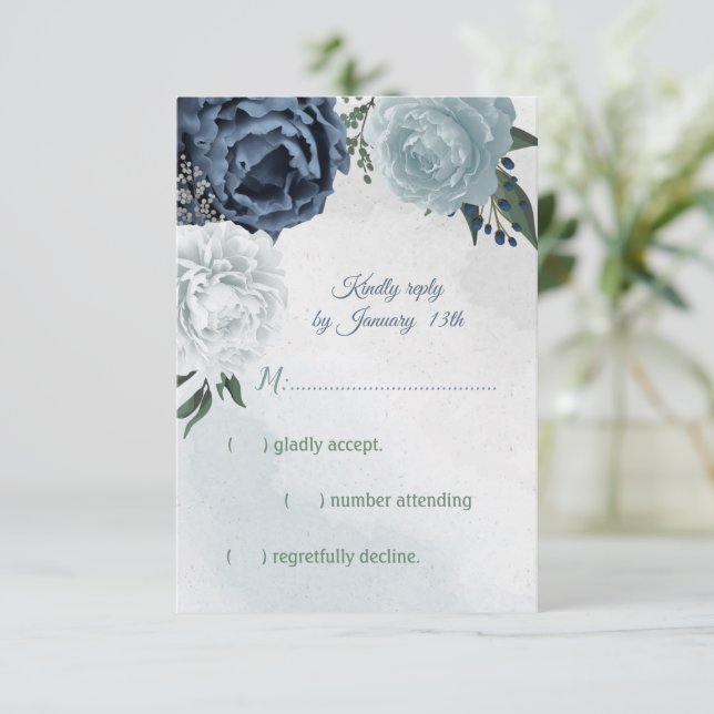 Cartons Réponse blanc & bleu floral verdure mariage  (Debout devant)