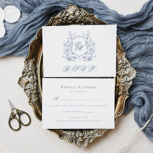 Cartons Réponse Blason Floral Bleu Monogramme Élégant Mariage