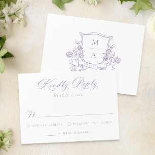 Cartons Réponse Blason Floral Violet Élégant Monogramme de Mariage