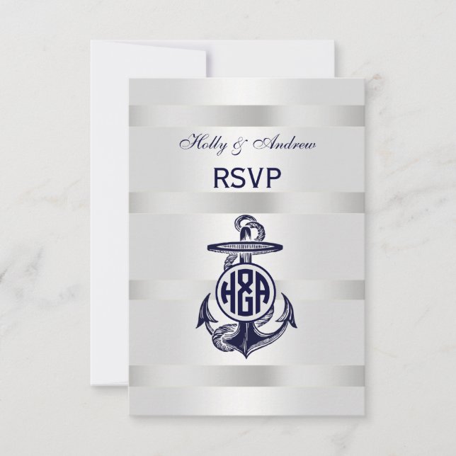 Cartons Réponse Bleu Ancre Argent Blanc Marine Monogramme 33 (Devant)