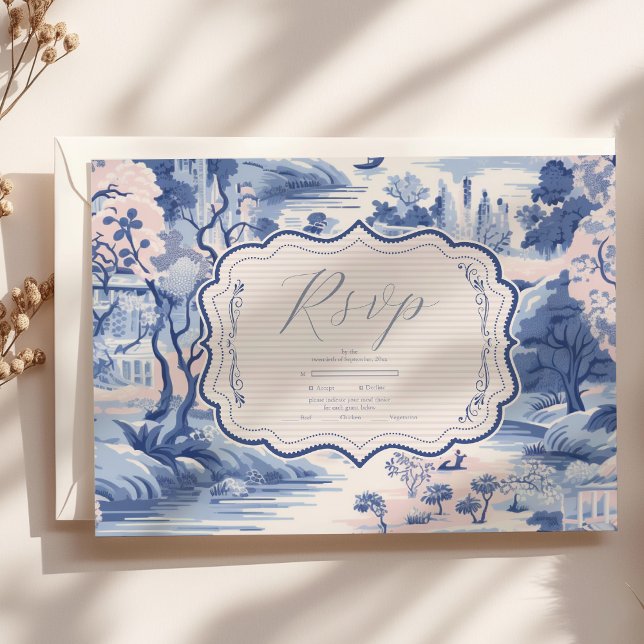 Cartons Réponse Bleu Blanc Chinoiserie Floral Porcelaine Mariage (Créateur téléchargé)