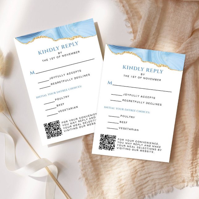 Cartons Réponse Bleu clair et or Agate Bat mitzvah vertical (Light Blue and Gold Agate Vertical Reply Card)
