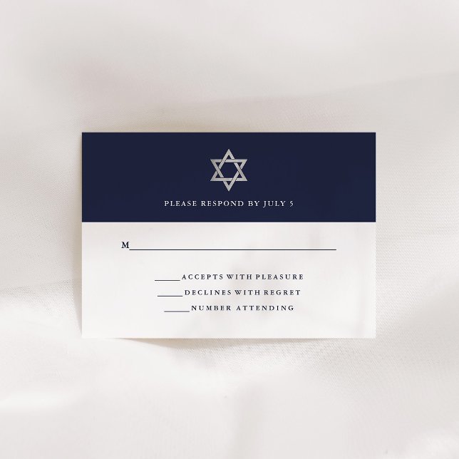 Cartons Réponse Bleu et blanc de minuit classique | Bar Mitzvah (Classic midnight blue and white Bar Mitzvah rsvp with a silver Star of David)