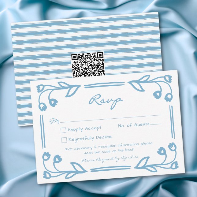 Cartons Réponse Bleu Fantaisiste Mariage Code QR à Rayures Florale (Whimsical Blue Hand Drawn Floral Stripe Wedding QR RSVP Card)