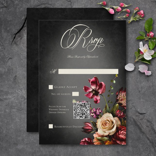 Cartons Réponse Bleu foncé élégant Automne Floral Mariage QR Code (Dark Elegant Blur Autumn Floral Wedding QR Code RSVP Card)