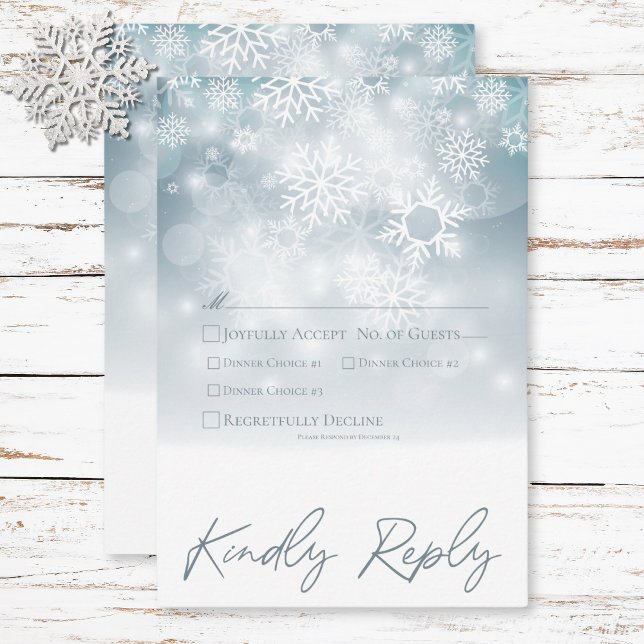 Cartons Réponse Bleu hiver Neige Moderne Dîner Mariage (Blue Winter Snow Modern Wedding Dinner RSVP Card)