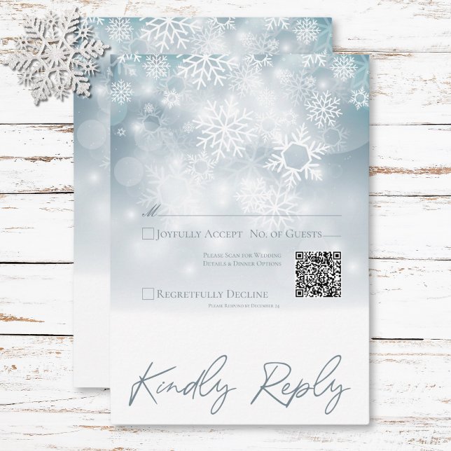 Cartons Réponse Bleu hiver neige moderne Mariage QR Code (Blue Winter Snow Modern Wedding QR Code RSVP Card)
