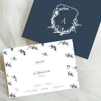 Cartons Réponse bleu marine classique florales monogramme mariage
