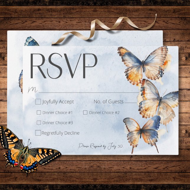 Cartons Réponse Bleu moderne et rouille Aquarelle papillons Dîner (Modern Blue & Rust Watercolor Butterflies Dinner RSVP Card)