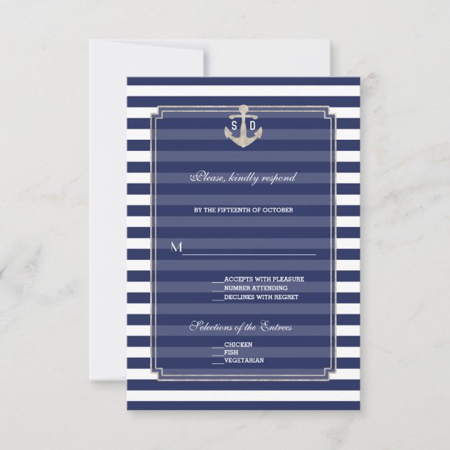 Cartons Réponse Bleu Nautique Bleu Stripes Argent Ancre Mariage RS (Devant)