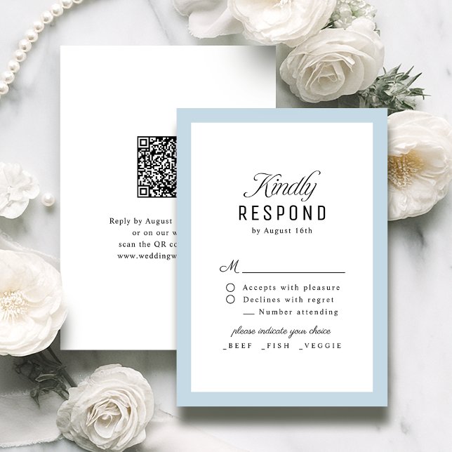 Cartons Réponse Bleu Poussiéreux Classe Script Élégant Code QR Mar (Dusty Blue Classy Script Elegant QR code Wedding RSVP Card)