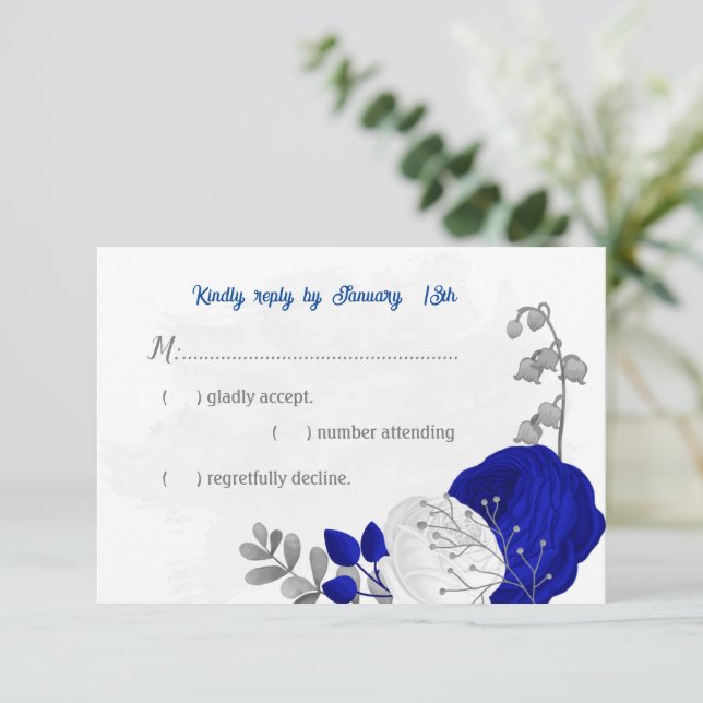 Cartons Réponse bleu royal et fleurs blanches argent mariage botan (Debout devant)