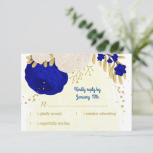 Cartons Réponse bleu royal et fleurs blanches or mariage botanique