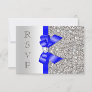 Cartons Réponse Bleu Royal Faux Nœud Paillettes Argent Diamant RSV