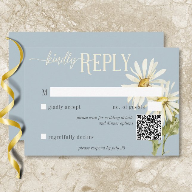 Cartons Réponse Bleu rustique et blanc de marguerites QR Code (Rustic Blue & White Daisies QR Code RSVP Card)