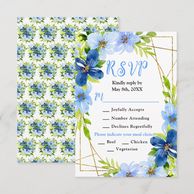 Cartons Réponse Blue and Navy Flowers with Foliage Wedding (Devant / Derrière)