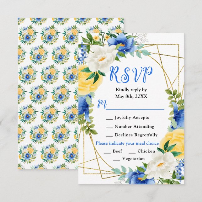 Cartons Réponse Blue and Yellow Flowers with Foliage Wedding (Devant / Derrière)