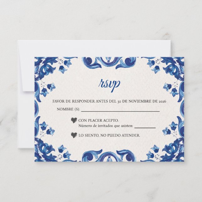 Cartons Réponse Blue Floral Elegant Fiesta Spanish Wedding (Devant)