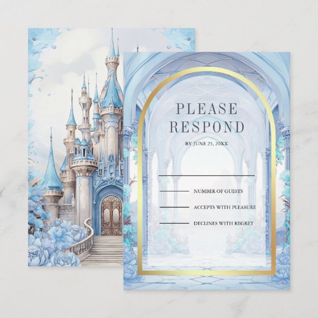 Cartons Réponse Blue Floral Fairytale Castle Wedding (Devant / Derrière)