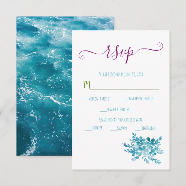 Cartons Réponse Blue Floral Océan Mariage (Devant / Derrière)