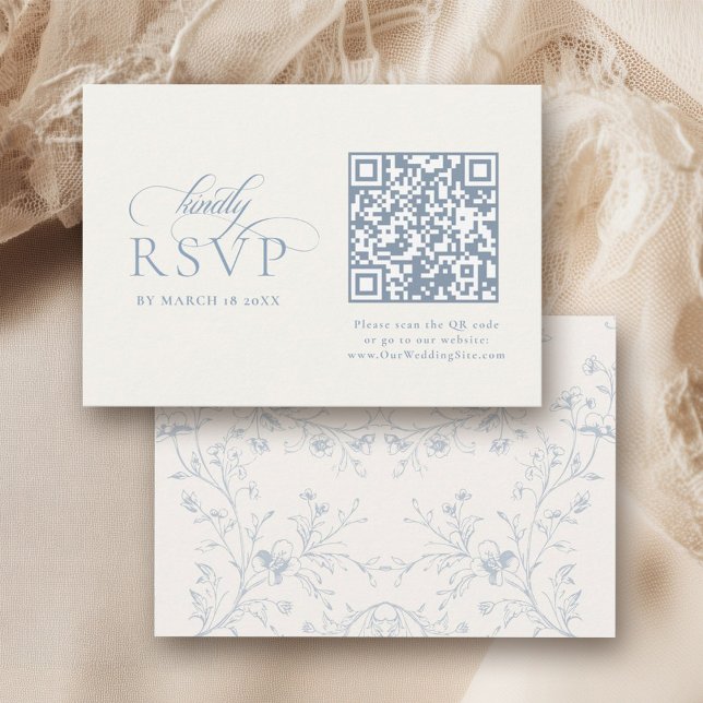 Cartons Réponse Blue Floral Romantic Calligraphy with QR Code (Créateur téléchargé)