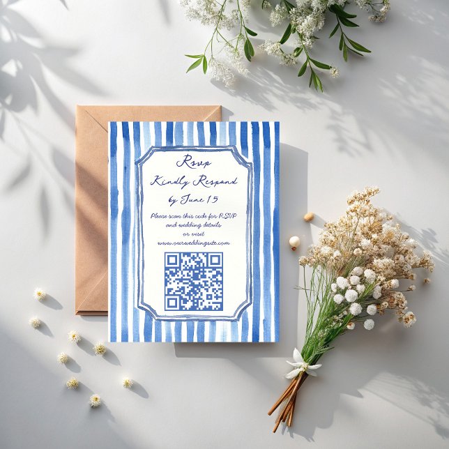 Cartons Réponse Blue hand drawn vintage stripes wedding (Blue hand drawn stripes hand written vintage wedding invitation QR RSVP cards)