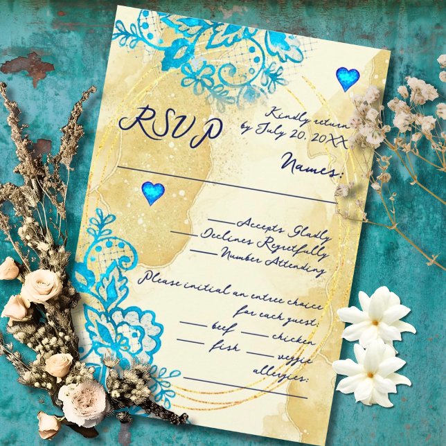 Cartons Réponse Blue Heart Baroque Gold Lace Mexican Wedding (Classic Baroque charm glows with blue hearts and intricate floral flourishes.)