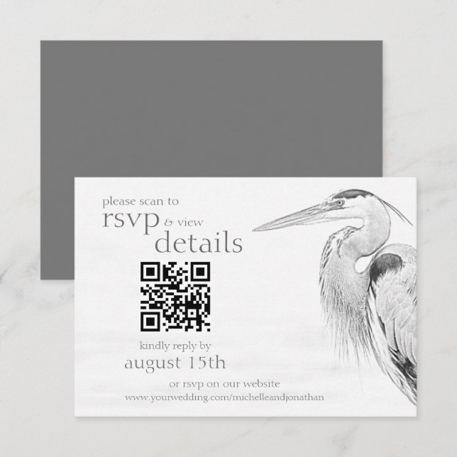 Cartons Réponse Blue Heron Sketch Mariage QR Code Détails et (Devant / Derrière)