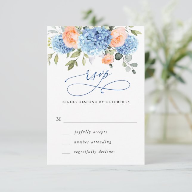 Cartons Réponse Blue Hydrangea Blush Roses Rose Mariage (Debout devant)
