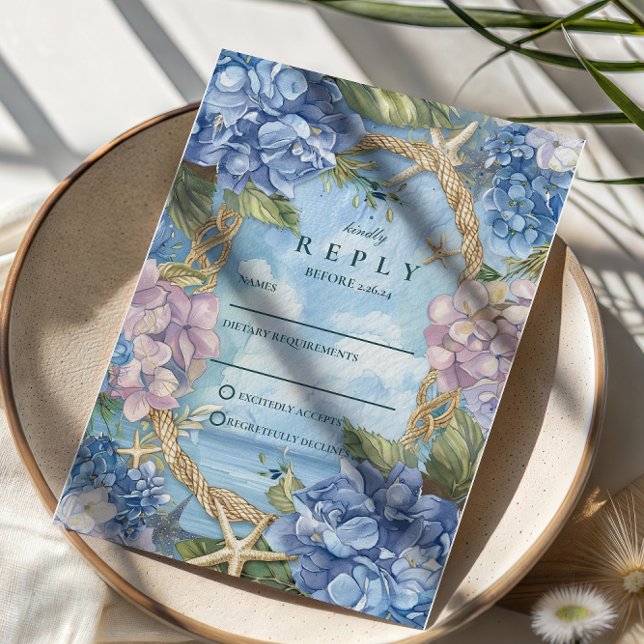 Cartons Réponse Blue Hydrangea Coastal Rope Wedding (Créateur téléchargé)