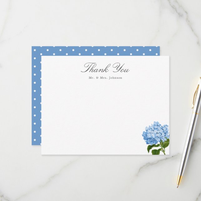 Cartons Réponse Blue Hydrangea Custom Name Thank You Flat Card (Devant/Arrière en situation)