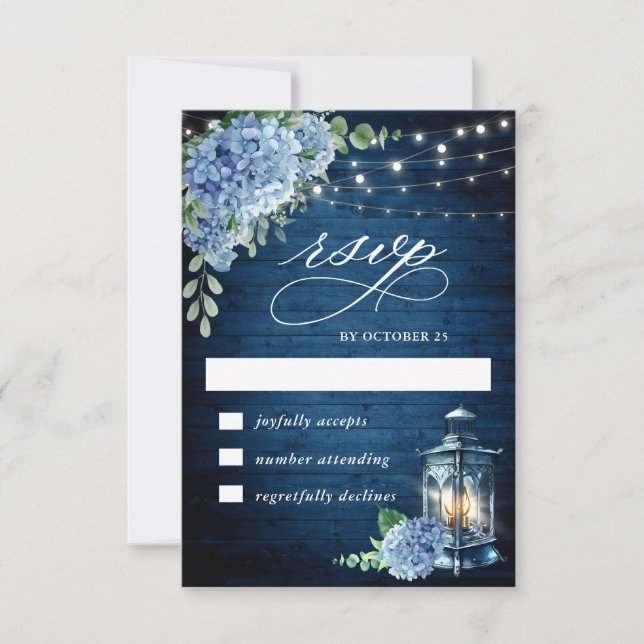 Cartons Réponse Blue Hydrangea Lantern Mariage en bois Rustique (Devant)