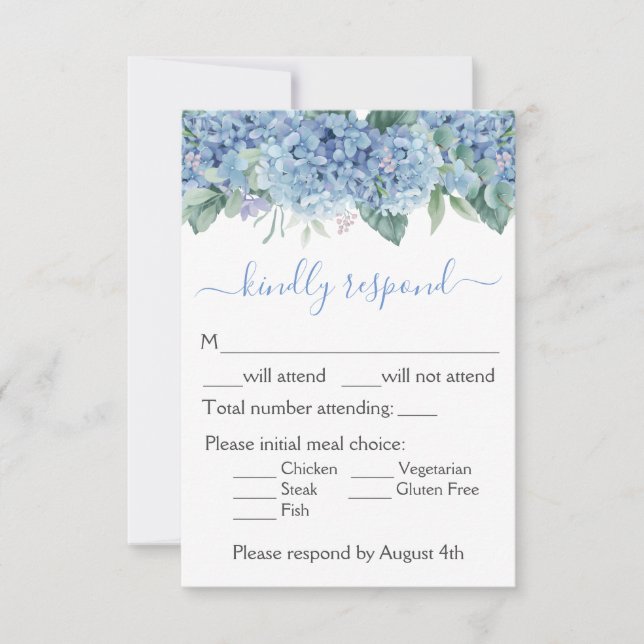 Cartons Réponse Blue Hydrangeas aquarelle Floral Mariage (Devant)
