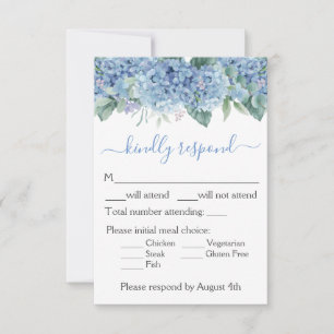 Cartons Réponse Blue Hydrangeas aquarelle Floral Mariage