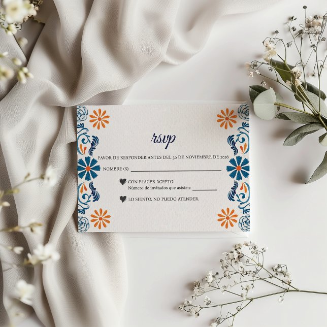 Cartons Réponse Blue Orange Floral Elegant Fiesta Spanish Wedding (Blue Orange Floral Elegant Fiesta Spanish Wedding RSVP Card)